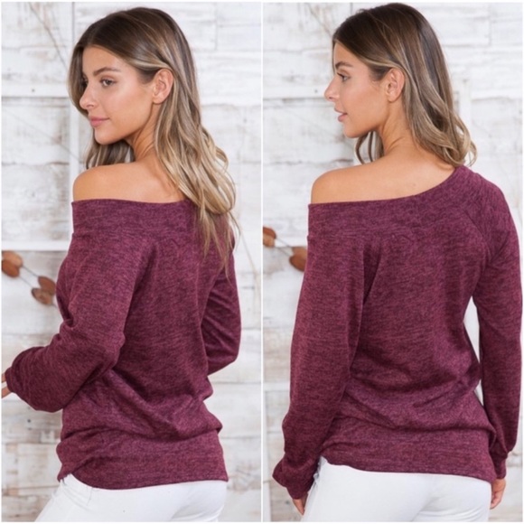 (32)New USA MADE Burgundy Ultra Soft Off Shoulder Women's Everyday Top - Picture 3 of 3